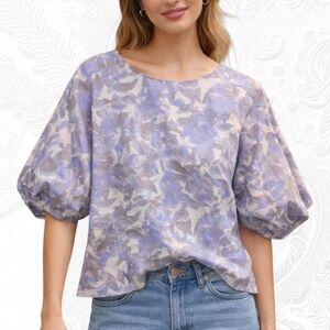 MELLÓDAY Botanical Blue, Gray And Off-White Blouse, Puff Half Sleeve Size Small